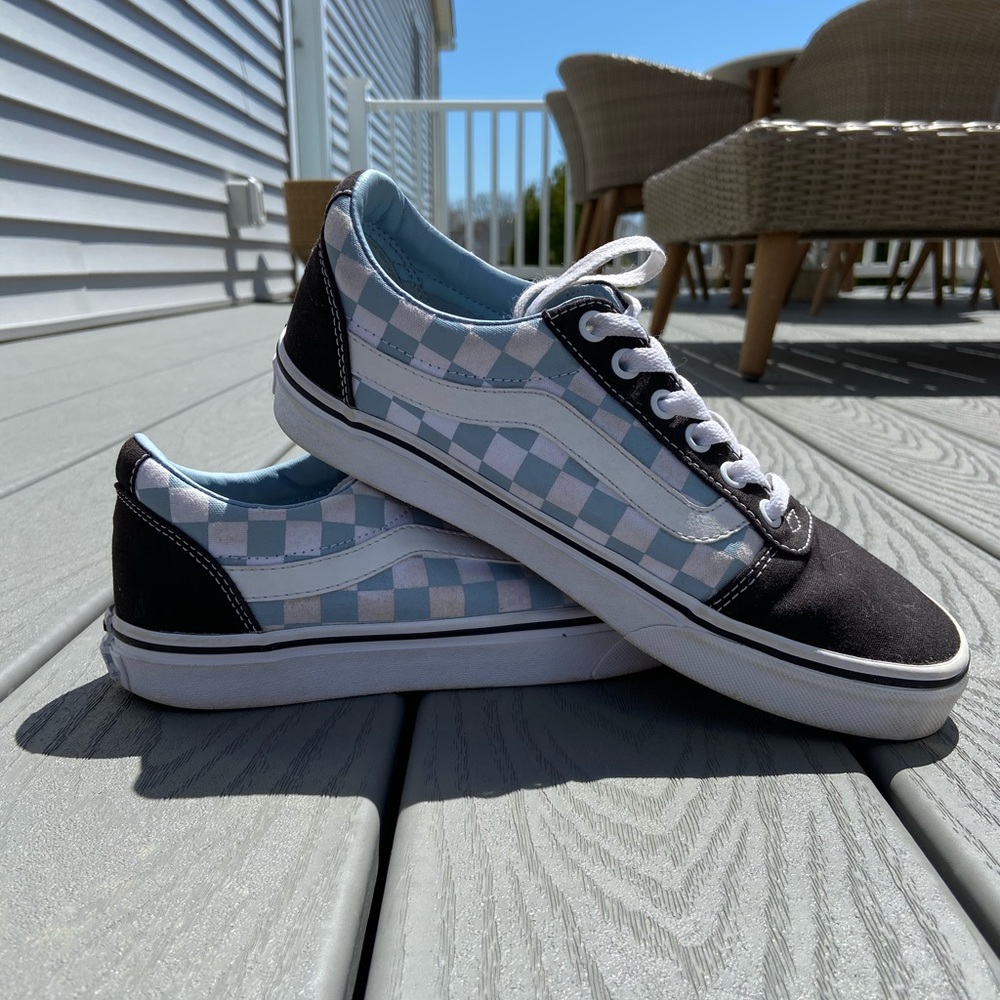 Light blue and black checkered vans